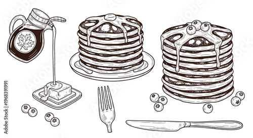 An outline sketch vector illustration of a delicious breakfast scene with pancakes, syrup, and utensils on a table.