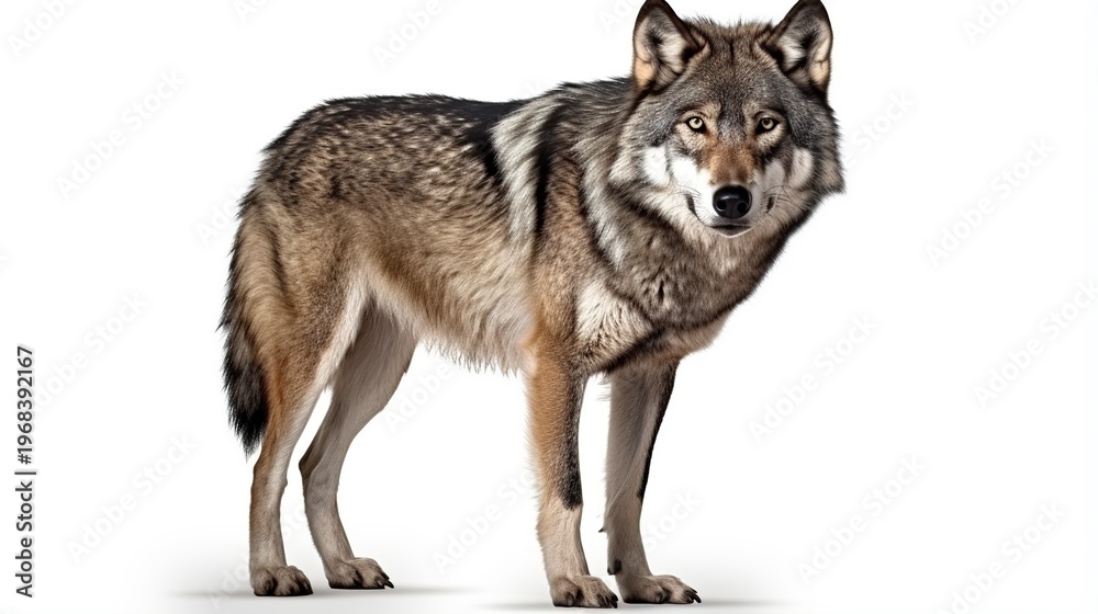 Obraz premium A Majestic Gray Wolf Standing Alertly on a White Studio Background