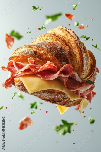 croissant sandwich flying with cheese and ham, isolated on white background