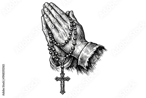 Praying Hands with Rosary Beads Christian Faith Spirituality and Religion Concept