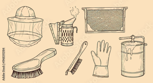 Beekeeper's equipment outline sketch vector illustration with hive tools and protective gear