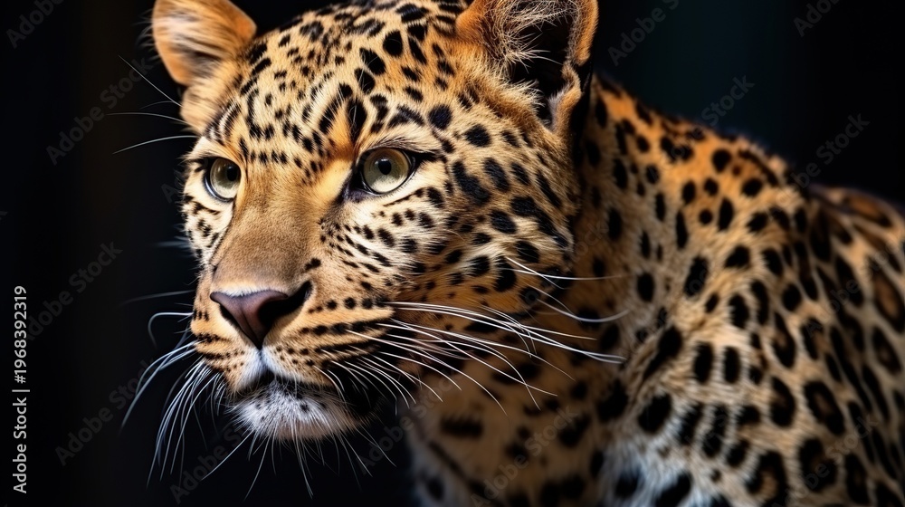 Obraz premium A Majestic Leopard Gazing Forward with Golden Spotted Coat in Spotlight