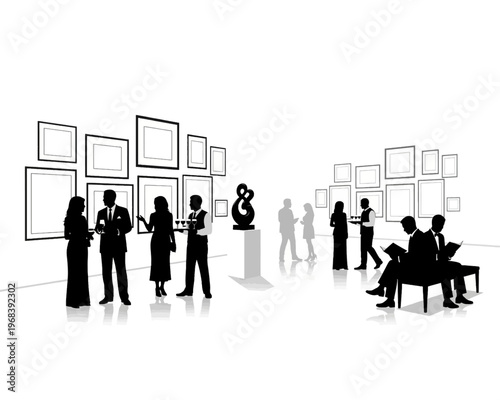 Elegant silhouettes attend a sophisticated art gallery opening event, mingling, conversing, and appreciating various modern artworks.