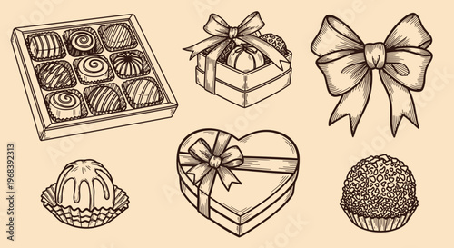 An outline sketch vector illustration of chocolates and gift boxes with bows on a decorative table setting