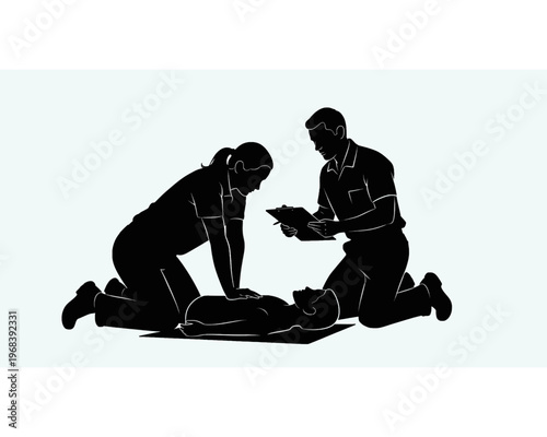 Emergency first aid training with three people, one performing CPR while another monitors the situation and takes notes.