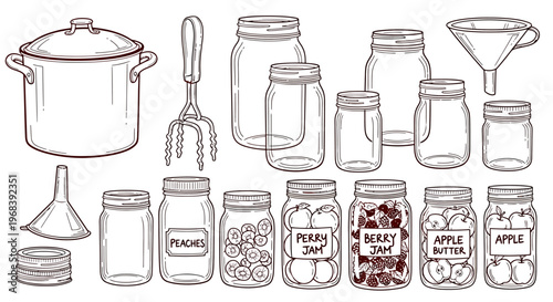 An outline sketch vector illustration of kitchen utensils and jars on a table indoors.