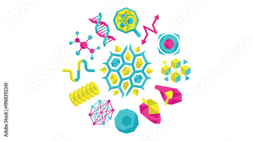 A vibrant collection of stylized science and nanotechnology icons, including DNA helixes and molecules, is meticulously arranged in a circular composition.