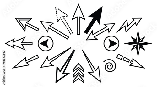 A diverse set of black and white arrow icons pointing in multiple directions is arranged in a circular pattern, showcasing various design styles.