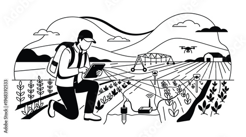 A dedicated agronomist in a bold line art style utilizes a tablet to analyze data from soil sensors and a drone in a technologically advanced smart farm field.