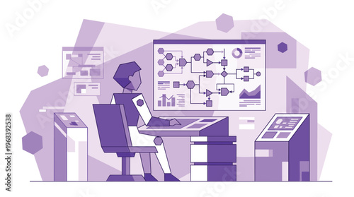 A sophisticated robot sits at a futuristic command center, diligently analyzing a complex algorithmic flowchart and data visualizations on a large holographic screen.