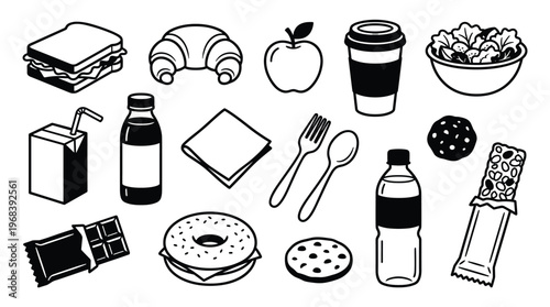 A clean collection of black and white line art icons showcases various common lunch items like sandwiches, fruit, and drinks, presented in a simple graphic style.