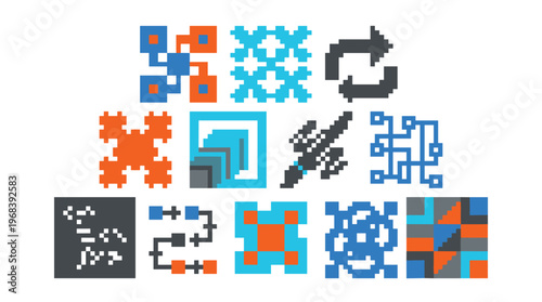 A vibrant assortment of twelve distinct pixel art icons displays abstract geometric and fractal patterns using a bold blue, orange, and gray color scheme.