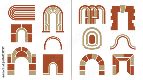 A diverse collection of various architectural arch and gateway icons is presented, showcasing different historical and modern styles from brick to minimalist lines.