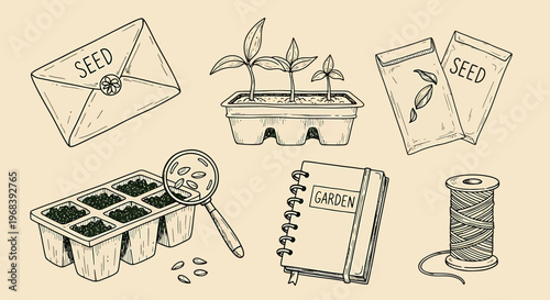 An outline sketch vector illustration of gardening tools and seedlings in a notebook