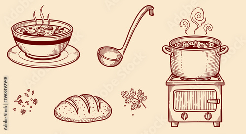 An outline sketch vector illustration of a steaming bowl, spoon, pot on stove, bread, and herbs in a cozy kitchen scene.