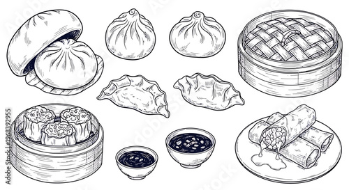 An outline sketch vector illustration of various steamed dumplings and dim sum dishes with dipping sauce on a plate and steamer baskets.