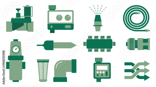 A comprehensive icon set of various garden irrigation system components, including sprinklers, timers, filters, and hoses, is displayed in a clean grid layout.