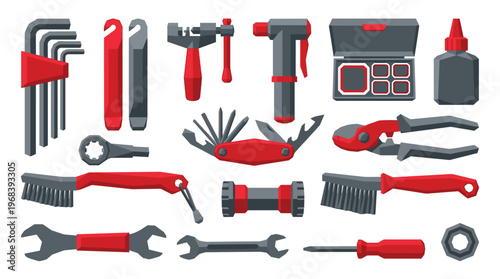 A comprehensive set of red and dark grey bicycle maintenance and repair tools, including wrenches and a multi-tool, neatly arranged on a plain white background.