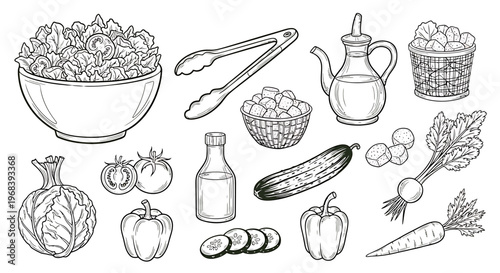 An outline sketch vector illustration of various food items on a table setting