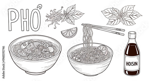 An outline sketch vector illustration of a steaming bowl of Pho with noodles, herbs, and a bottle of hoisin sauce on a table.