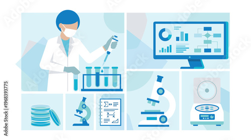 A scientific research collage in monochromatic blue tones, featuring a masked scientist pipetting liquids and various essential laboratory equipment like microscopes.