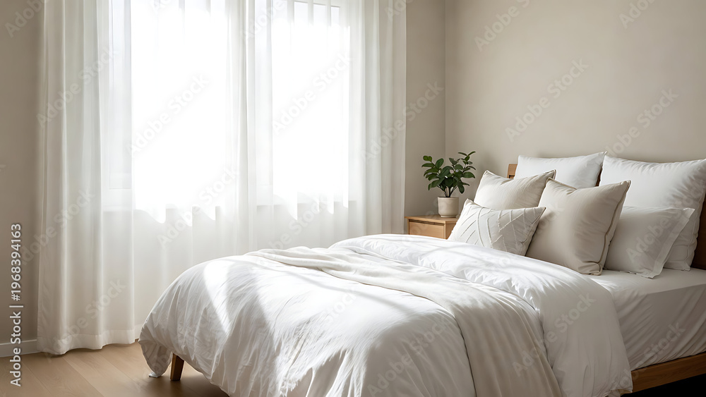 Fototapeta premium A minimalist bedroom with a neatly made bed, white linens, soft pillows, natural light from sheer curtains, and a small wooden nightstand with a plant.