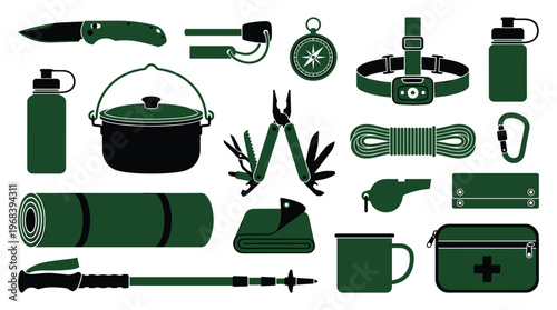 A comprehensive set of essential camping and survival equipment, including a multitool and first aid kit, is displayed as green silhouettes against a clean white background.