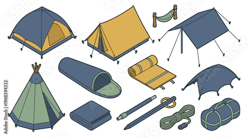 A detailed isometric collection of various camping tents, sleeping bags, and outdoor shelter equipment is illustrated in a clean, modern style with a muted color palette.