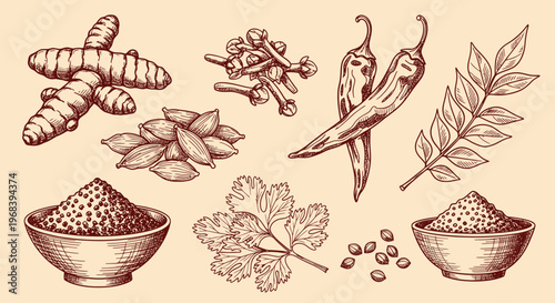 An outline sketch vector illustration of various spices and herbs in bowls and scattered around.
