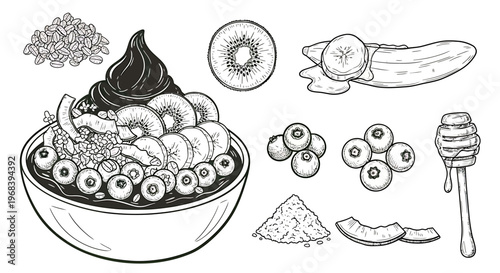 An outline sketch vector illustration of a bowl filled with kiwi, honey, and ice cream.