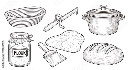 An outline sketch vector illustration of baking tools and bread