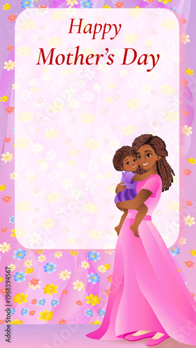 Happy Mothers day vertical vector illustration with African mother holding toddler with love on floral background with copy space.