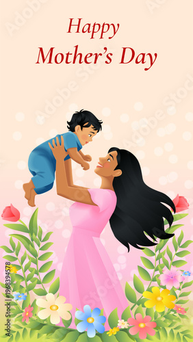 Happy Mothers day vertical vector illustration with Indian mother holding up baby surrounded by spring flowers and bokeh light with copy space.