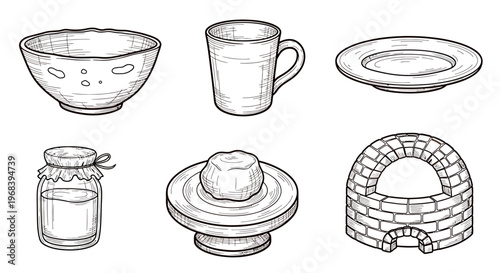 An outline sketch vector illustration of a rustic cake on a plate with a cup, bowl, jar, and brick oven in a cozy setting.