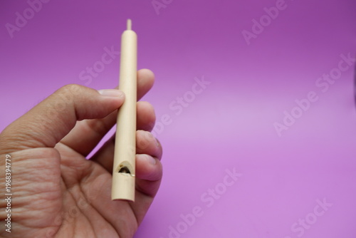 Hand Holding a Simple Wooden Whistle on a Soft Purple Background