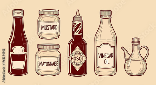 An outline sketch vector illustration of various condiments on a table