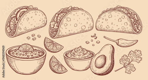 An outline sketch vector illustration of tacos, bowls, avocado, and lime wedges on a plate