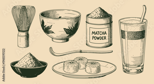 An outline sketch vector illustration of a traditional Japanese tea set with matcha powder and sushi on a plate in a serene environment