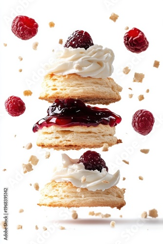 fruit scone flying with cream and jam, isolated on white background