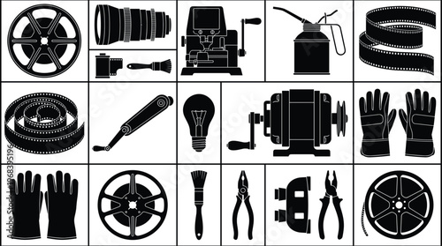 A detailed set of black silhouette icons representing vintage filmmaking equipment and mechanical tools is organized in a grid against a stark white background.