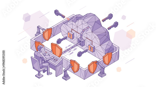 A diligent operator manages complex cybersecurity protocols for a polygonal cloud brain using shields and keys in a futuristic isometric purple and orange schematic.