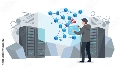 A focused developer in a hoodie interacts with a complex holographic network diagram projected between two large server racks in a modern data center illustration.