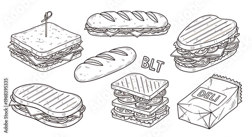 A vector illustration of various sandwiches and bread outline sketch for food advertising