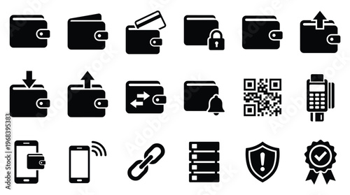Collection of black wallet and payment icons