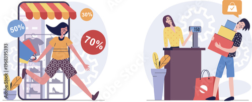 Women shopping online with discounts and receiving packages at checkout counter with secure payment