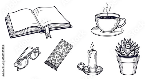 An outline sketch vector illustration of a cozy scene with an open book, glasses, chocolate bar, lit candle, and potted plant next to a steaming cup of coffee.