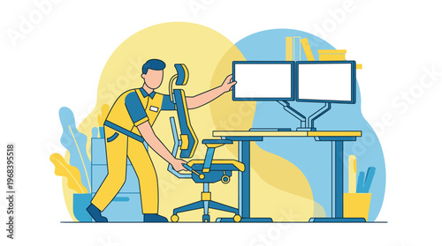 A friendly flat design illustration showing a technician in overalls assembling or adjusting a modern ergonomic office chair in a contemporary workspace setting.