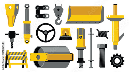 A detailed collection of various heavy machinery parts and construction equipment elements rendered in a bold yellow and grey color scheme on a white background.