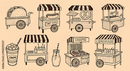 Street food vendors showcase various snacks in an outline sketch vector illustration of a lively market scene.