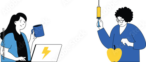 Two professionals discuss health and technology while one holds a coffee and the other a syringe and apple